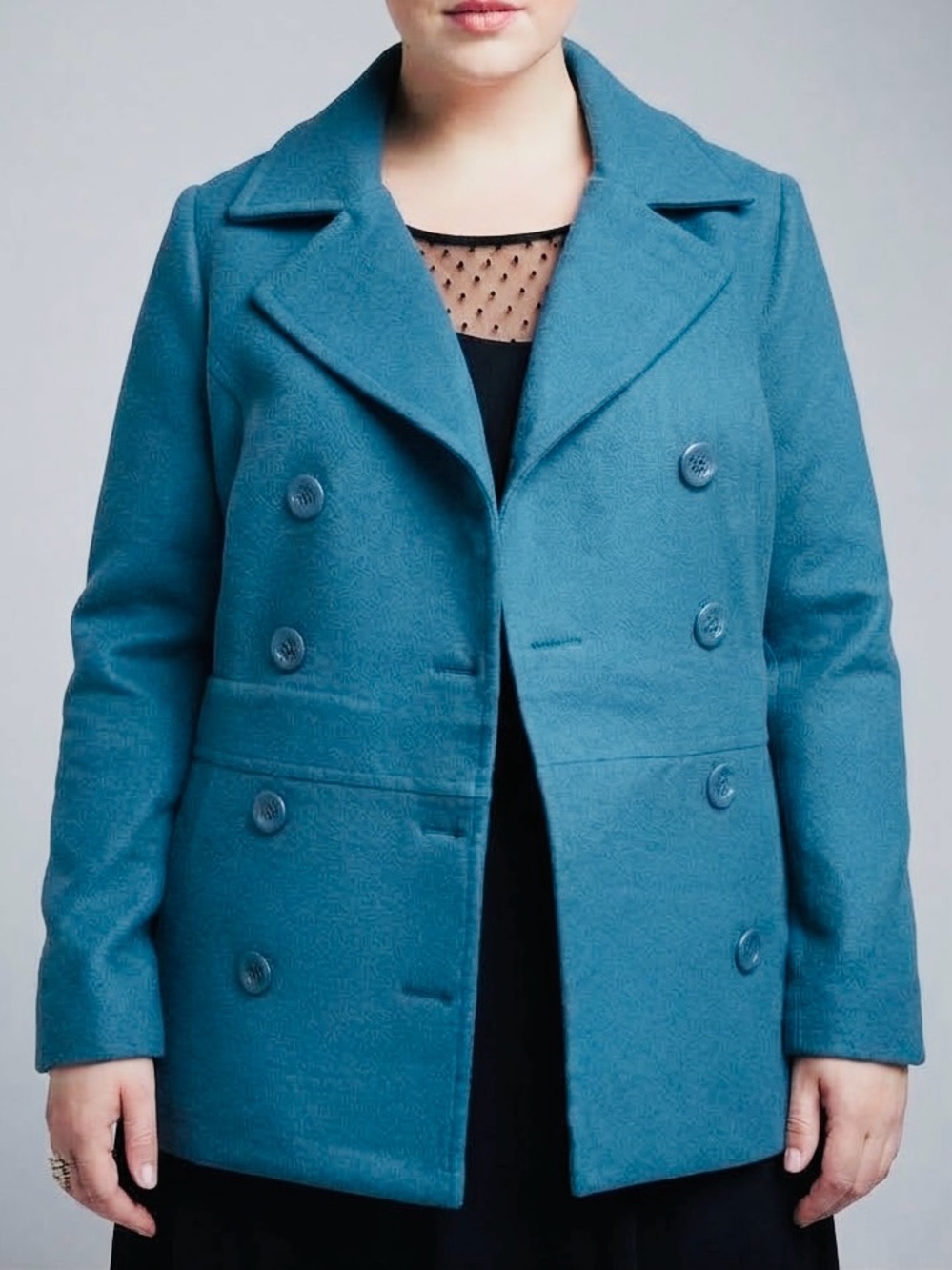 Rare TORRID Teal Wool Blend Pea Coat Double-Breasted Polka Dot Lined Jacket Sz 3